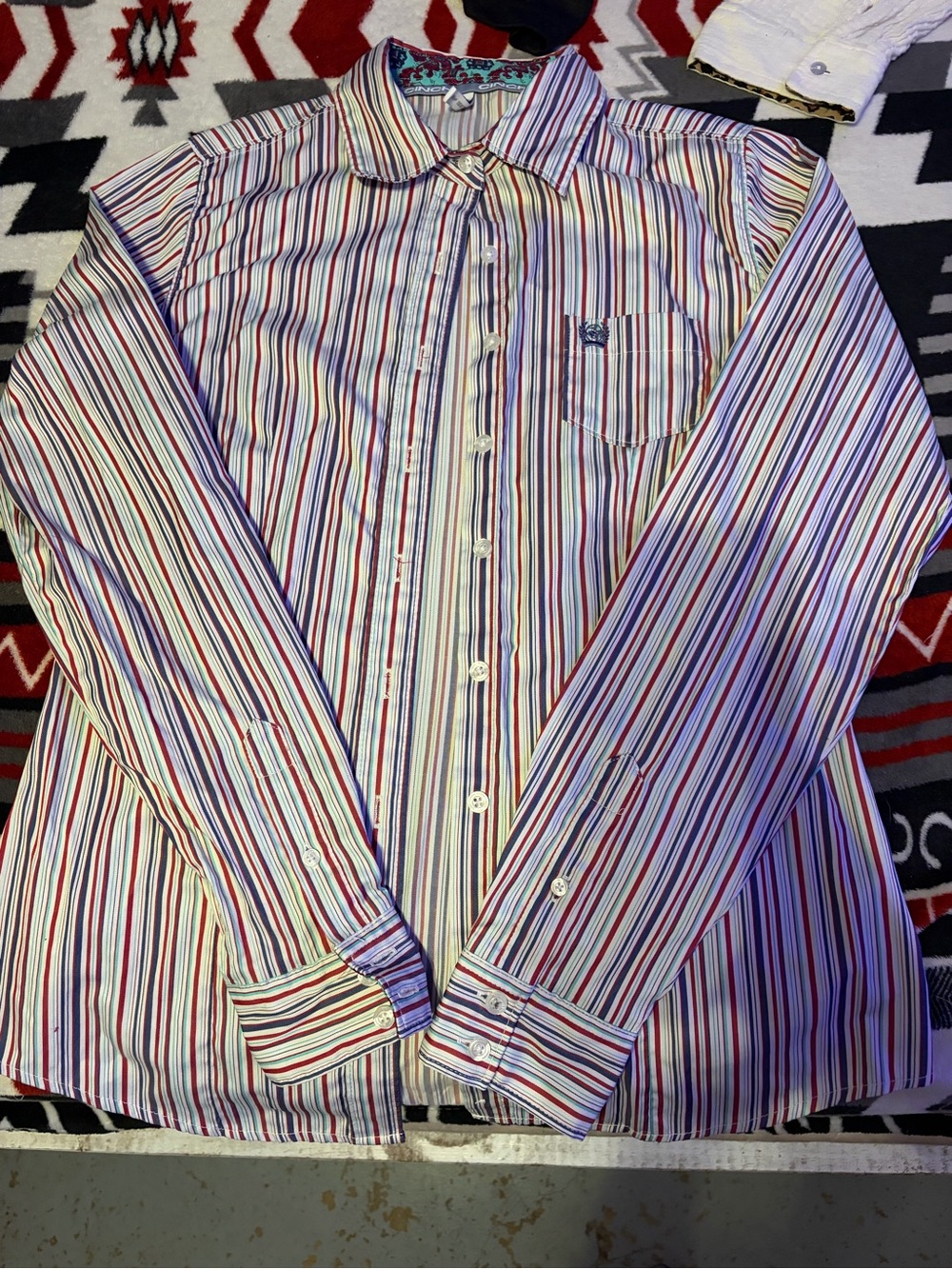 Cinch Multicolor Striped Button-Down Shirt - White, Red, Blue, Black - Picture 2 of 3